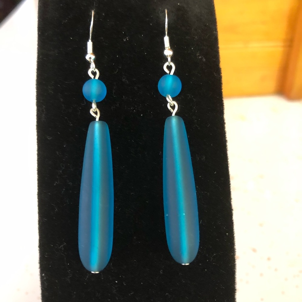 Handmade Sterling Silver - 925, Aqua Blue Cultured Sea Glass Earrings